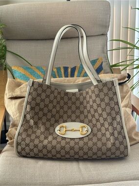 Gucci Beige GG Canvas Shoulder Bag with White Leather Trim and Gold Horsebit